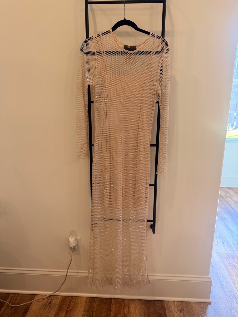 Beige Sheer Rhinestone Mesh Maxi Dress